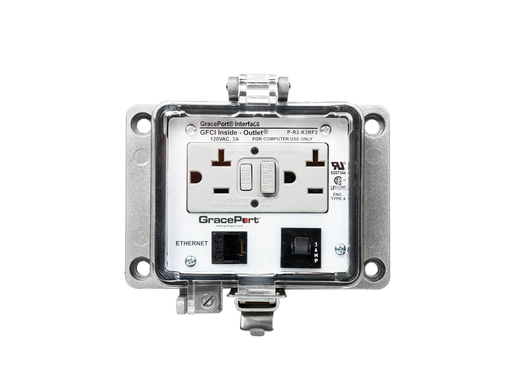 Panel Interface Connector with Category 5e RJ45 - Panel Mount Housing - UL Type 4 - GFCI Duplex Inside-Outlet - 3 Amp Circuit Breaker