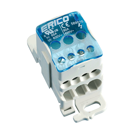Product image for Erico 569010 Single Pole Dist. Block, 85 A UL/CSA, Cable Line, 6 Cables Load, Copper
