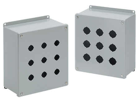 Hoffman E9PBX 9.5 x 8.25 x 4.75 Inch Gray 14 Gauge Steel NEMA 12 Push Button Enclosure Hoffman E9PBX 9.5 x 8.25 x 4.75 Inch Gray 14 Gauge Steel NEMA 12 Push Button Enclosure