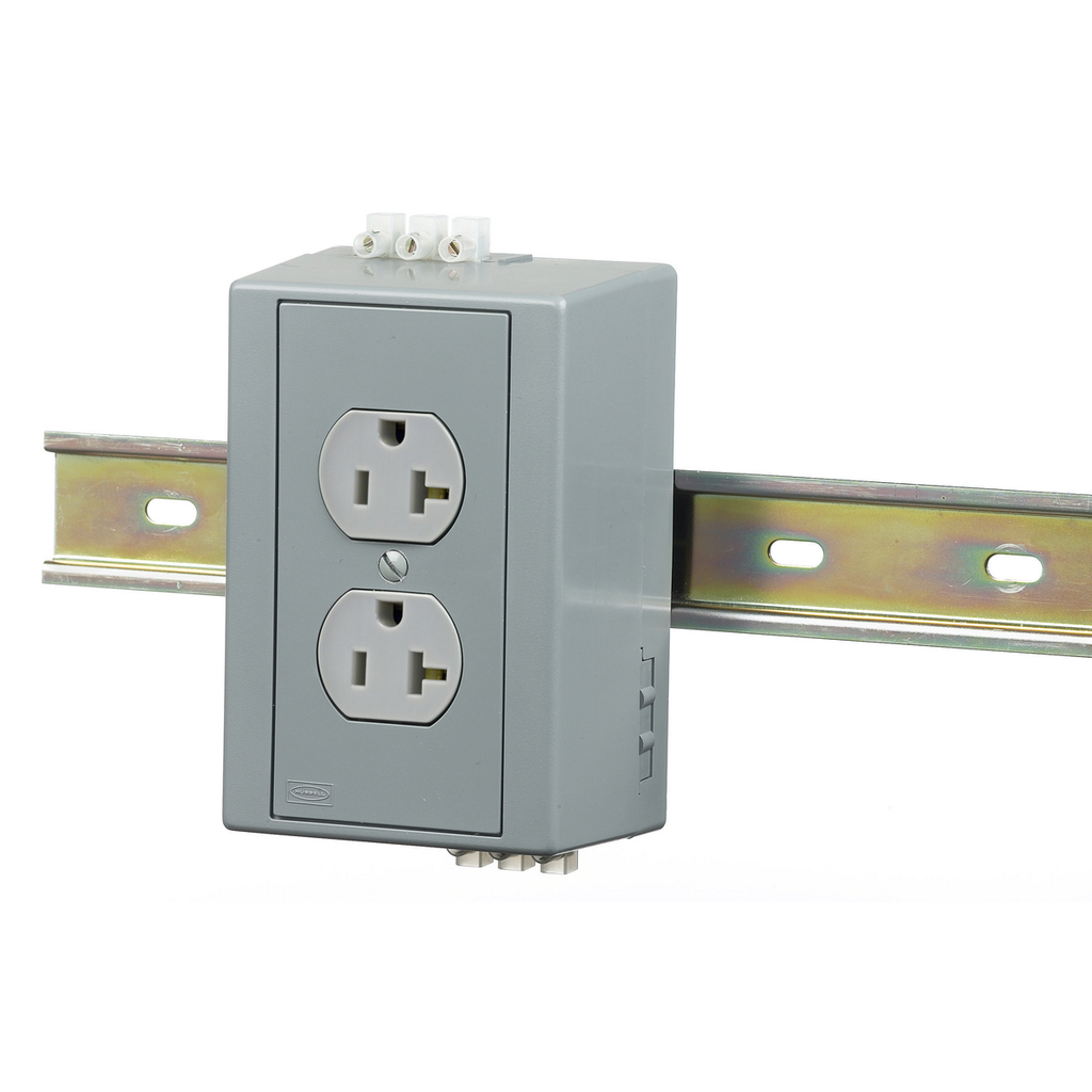 Complete Unit- Duplex Receptacle with Aux Contact and 5A Circuit Breaker, DIN Rail Box, 20A Duplex, Gray