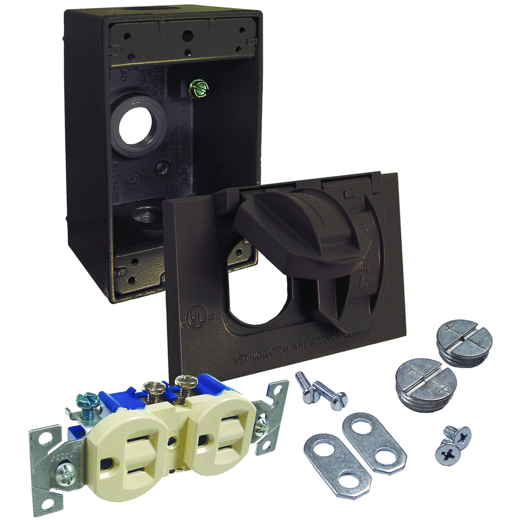 1-Gang Weatherproof Flip Cover Kit, Includes Duplex, Box, and Cover, Bronze