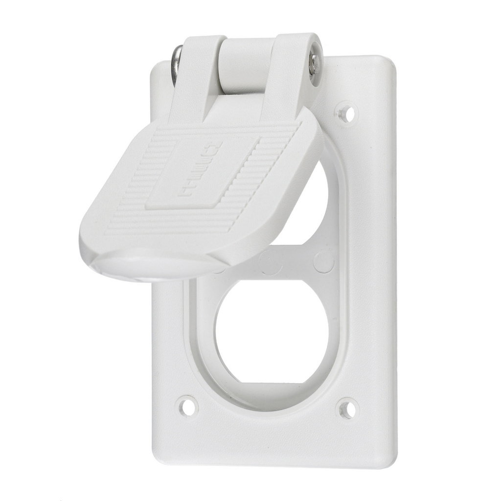 Wallplates and Boxes, Weatherproof Covers, 1-Gang, 1) Duplex Opening, Standard Size, White Polycarbonate, Box Mount