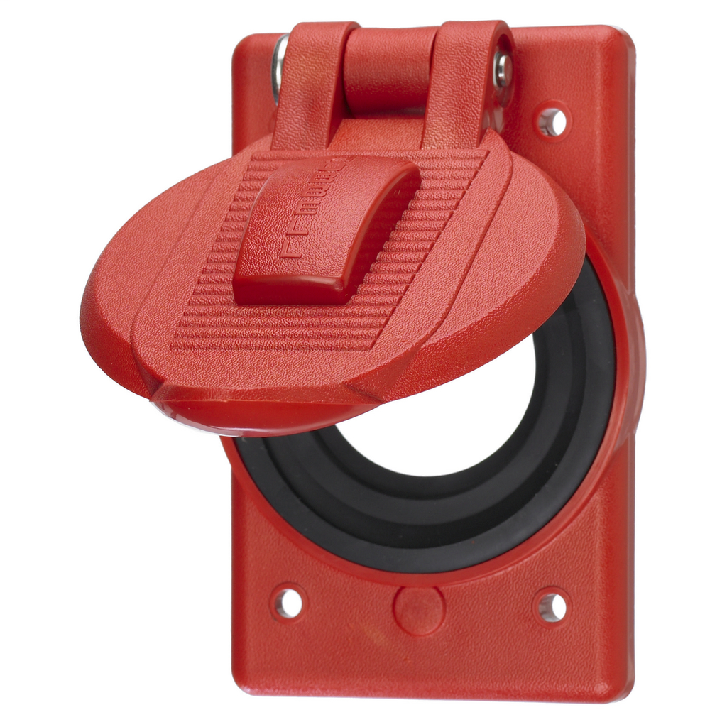 Wallplates and Boxes, Weatherproof Covers, 1-Gang, 1) 2.15" Opening, Standard Size, Red Polycarbonate, Device Mount