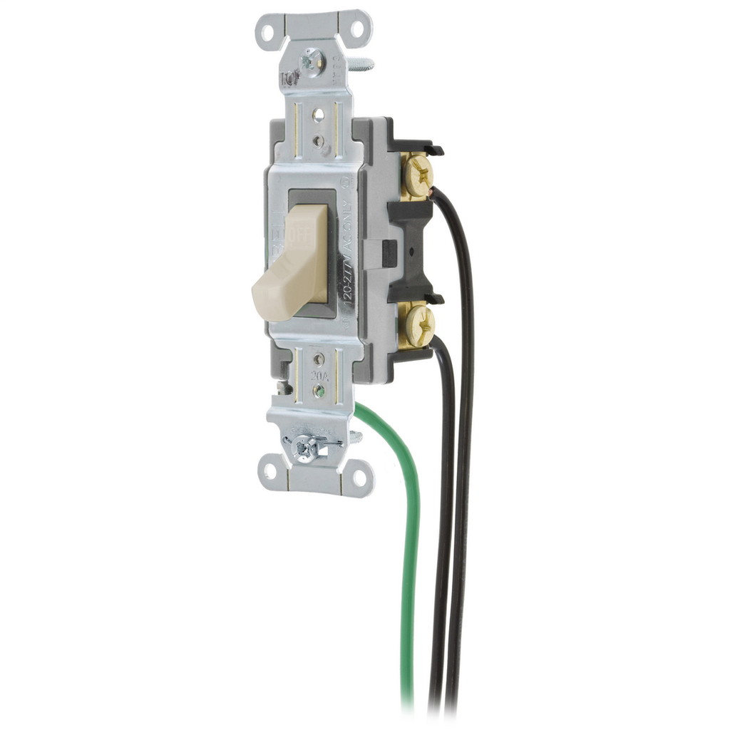 Switches and Lighting Controls, Spec Grade, Toggle Switches, General Purpose AC, 20A 120/277V AC, Back and Side Wired, Pre-Wired with 8" #12 THHN, Light Almond
