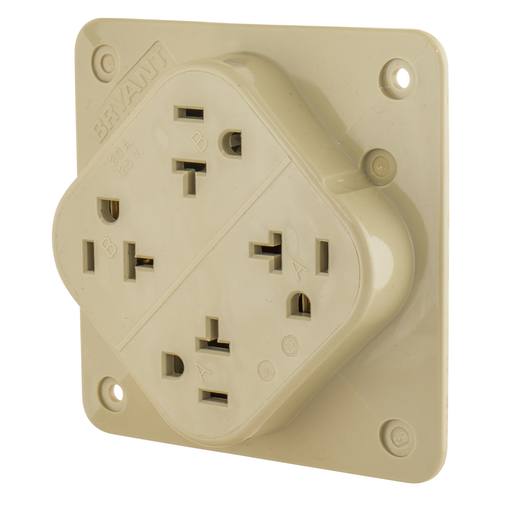 Straight Blade Devices, Receptacles, Quad-PLEX, Commercial/Industrial Grade, 20A 125V, 2-Pole 3-Wire Grounding, 5-20R, Ivory, Single Pack