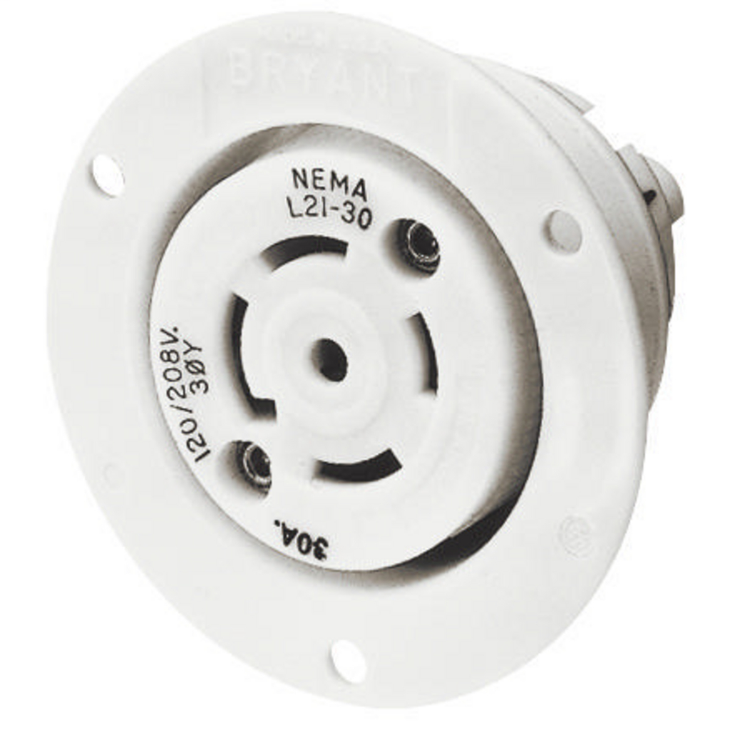 Locking Devices, Industrial, Flanged Receptacle, 30A 3-Phase Wye 120/208V AC, 4-Pole 5-Wire Grounding, L21-30R, Screw Terminal, White