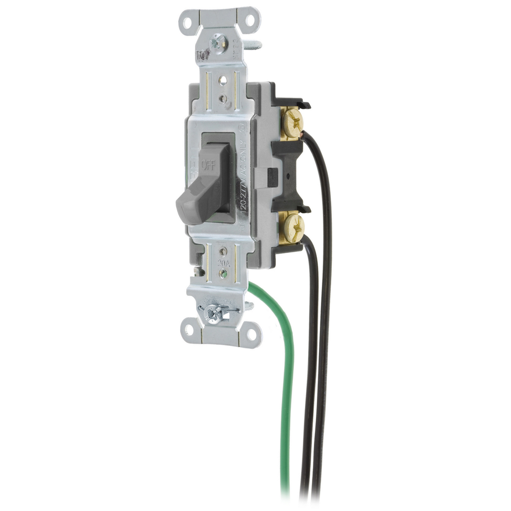 Switches and Lighting Controls, Spec Grade, Toggle Switches, General Purpose AC, Single Pole, 20A 120/277V AC, Back and Side Wired, Pre-Wired with 8" #12 THHN, Gray