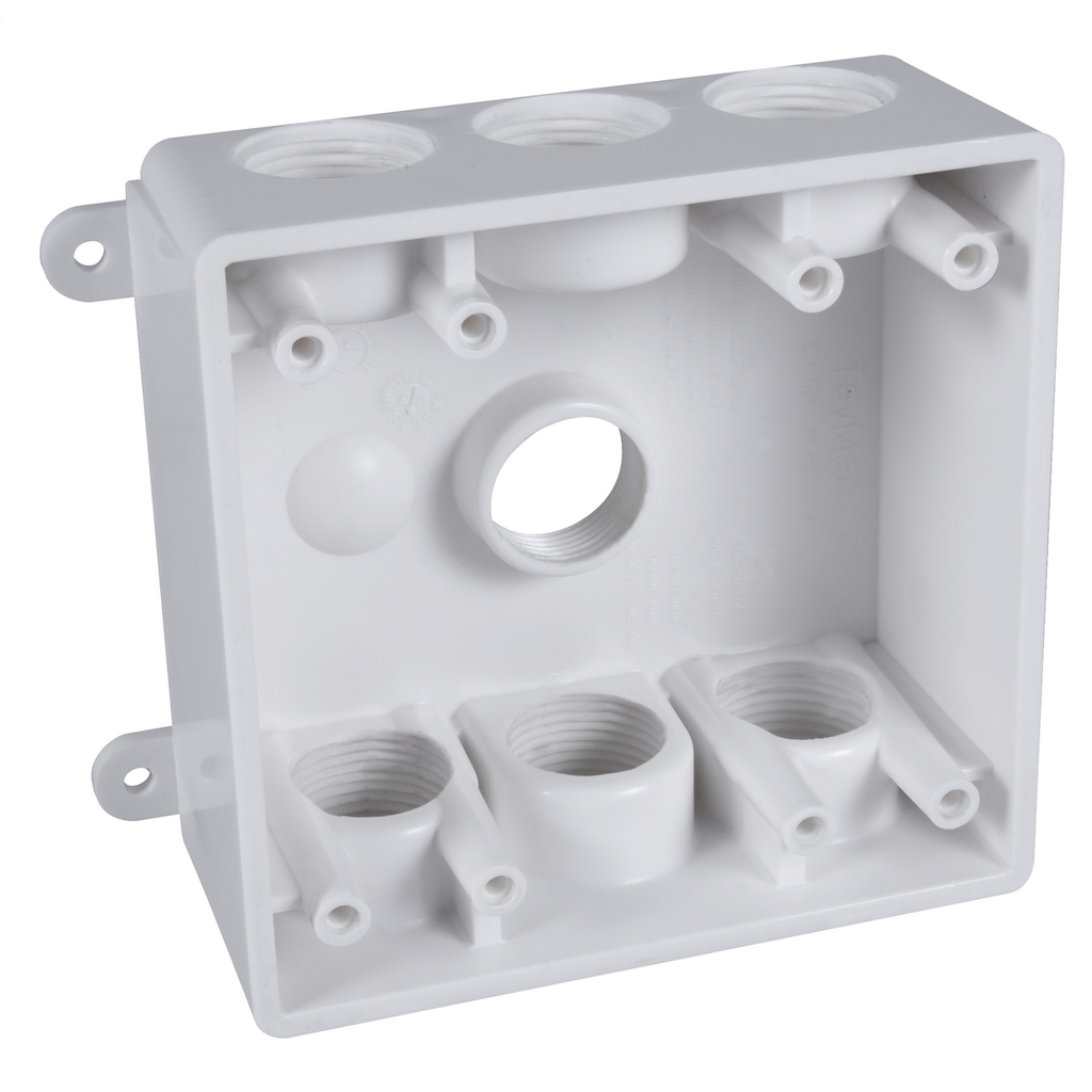 2-Gang Weatherproof Box, Seven 1/2 or 3/4 in. Threaded Outlets, White