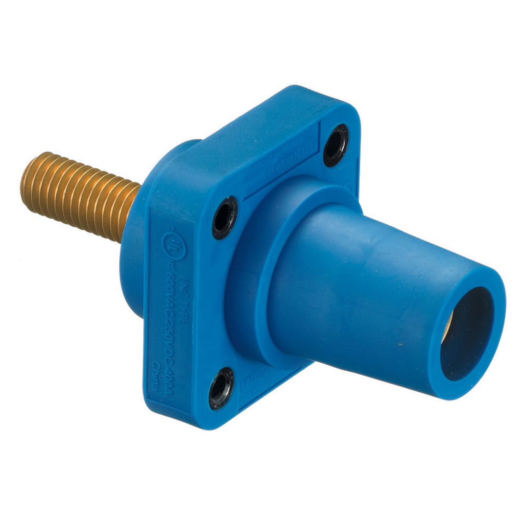 Heavy Duty Products, Single Pole Devices, Industrial Grade, Female Receptacle, 300/400A 250V DC/600V AC, Single Conductor, Threaded Mounting Holes, Stud Termination, Blue