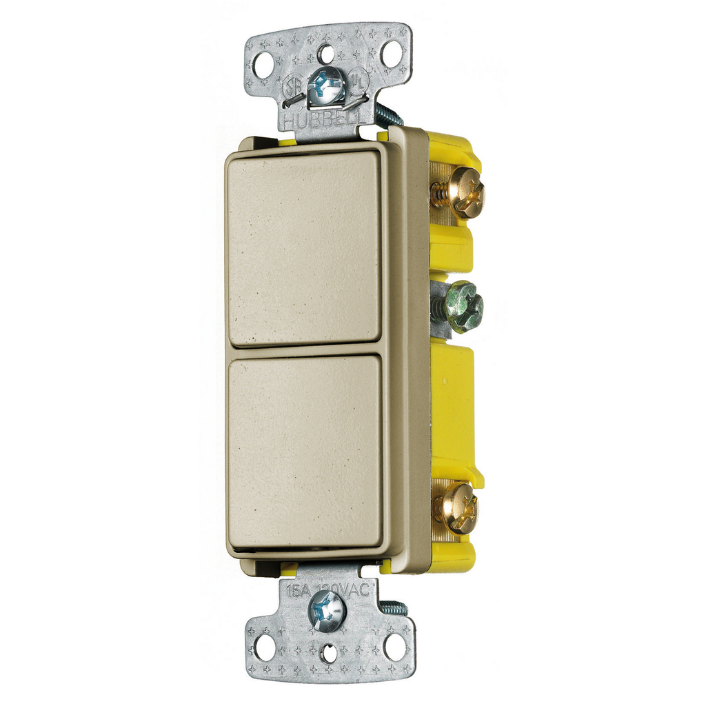 Switches and Lighting Controls, Combination Devices, Residential Grade, Decorator Series, 1) Single Pole Rocker, 1) Three Way Rocker, 15A 120V AC, Side Wired, Ivory