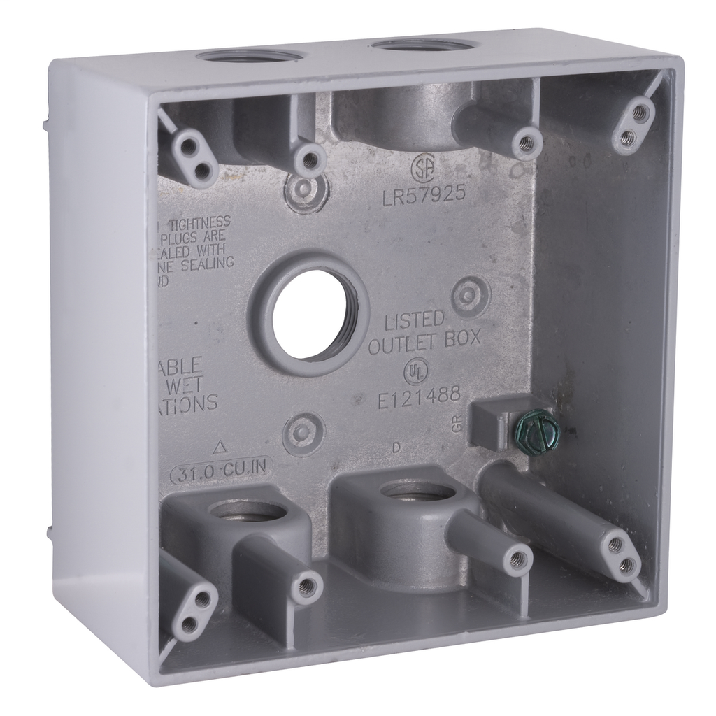 2-Gang Weatherproof Box, Five 1/2 in. Threaded Outlets, Gray
