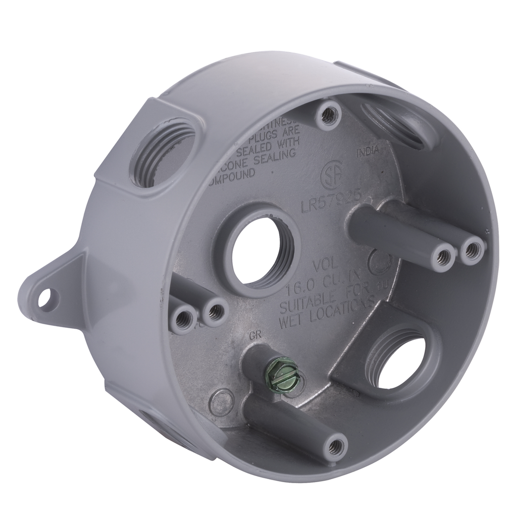 Round Weatherproof Box, Five 1/2 in. Threaded Outlets, Gray