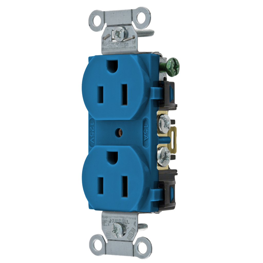 Straight Blade Devices, DuplexReceptacle, Commercial Grade, 15A 125V, 2-Pole 3-Wire Grounding, 5-15R, Back and Side Wired, Blue