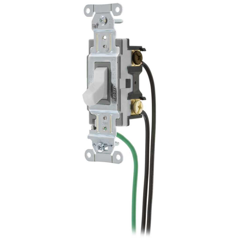 Switches and Lighting Controls, Toggle Switches, General Purpose AC, Three Way, 20A 120/277V AC, Back and Side Wired, Pre-Wired with 8" #12 THHN, Office White