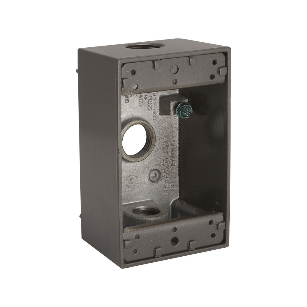 1-Gang Weatherproof Box, Three 1/2 in. Threaded Outlets, Bronze, Carded