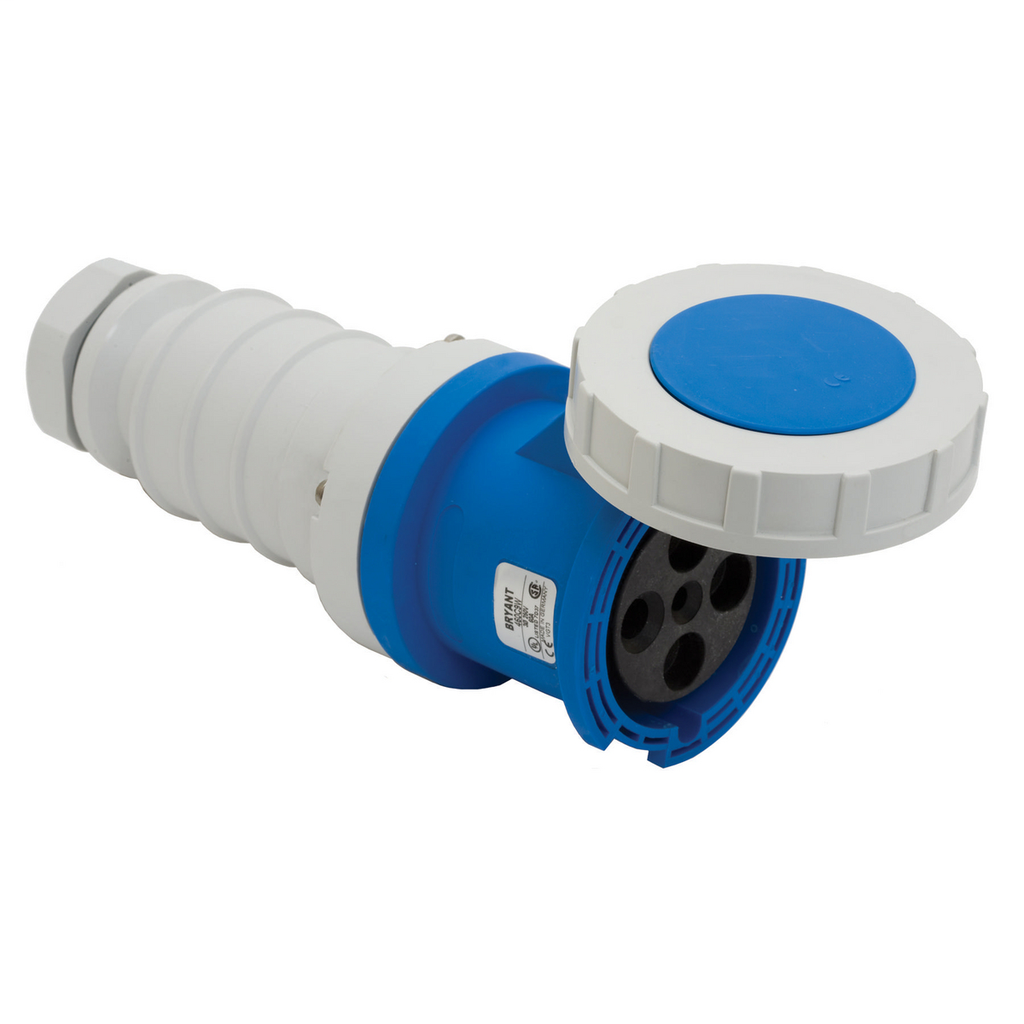 Heavy Duty Products, IEC Pin and Sleeve Devices, Industrial Grade, Female Connector Body, 100A 3-Phase Delta 250V AC, 3- Pole 4-Wire Grounding, Screw Terminals, Blue, Watertight