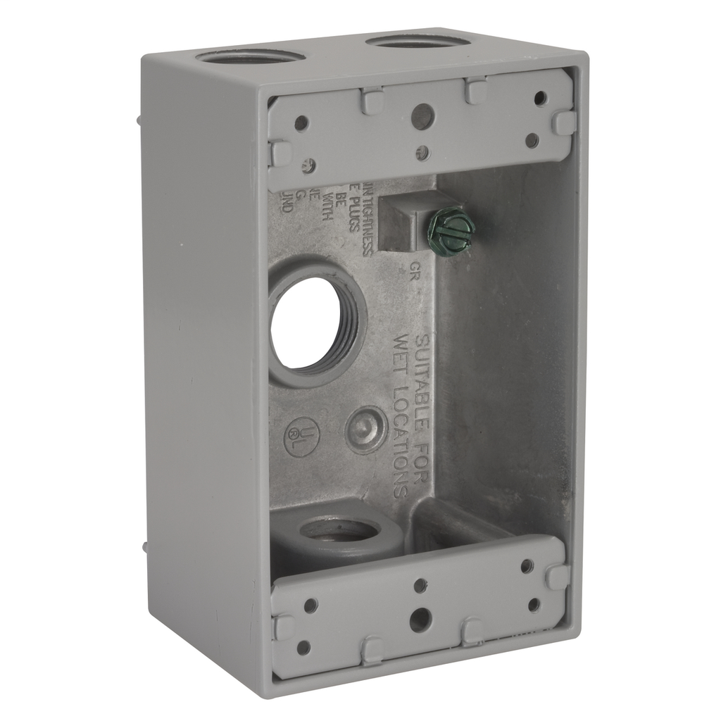 1-Gang Weatherproof Box, Four 1/2 in. Threaded Outlets, Gray