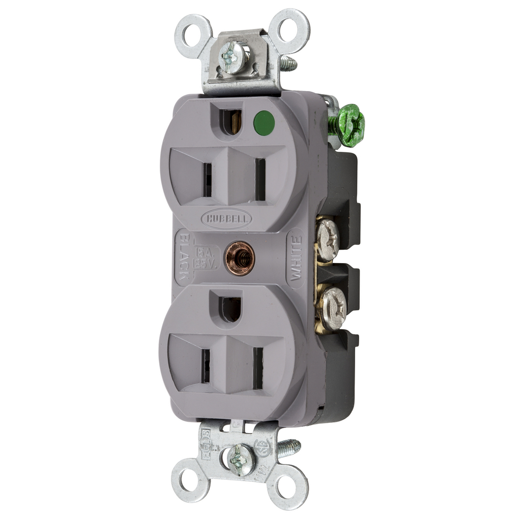 Straight Blade Devices, Receptacles, Duplex, Compact Hospital Grade, 2-Pole 3-Wire Grounding, 15A 125V, 5- 15R, Gray, Single Pack