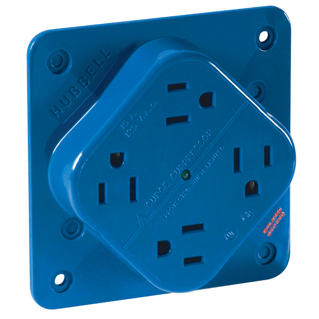 QUADPLEX Straight Blade Receptacle, Surge Supression, 15A 125V, 2-Pole 3-Wire Grounding, 5-15R, Blue