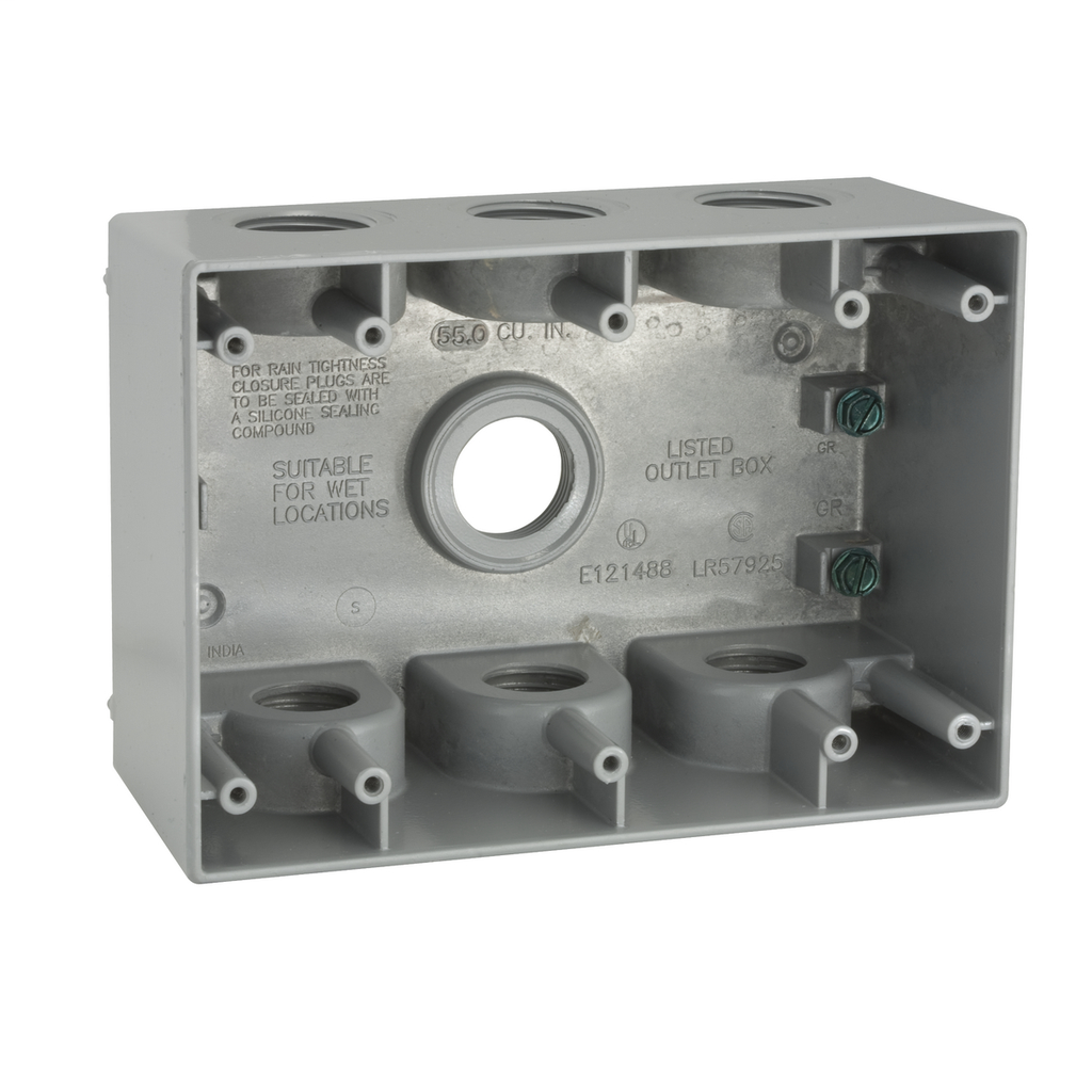 3-Gang Weatherproof Deep Box, Seven 3/4 in. Threaded Outlets, Gray