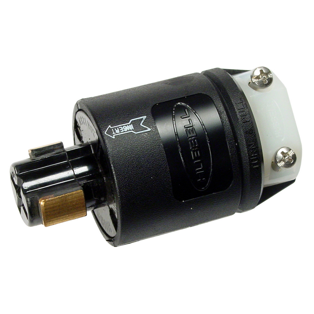 Locking Devices, Hubbellock, Industrial, Male Plug, 20A 125V, 2-Pole 3-Wire Grounding, Non-NEMA, Screw Terminal, Black and White