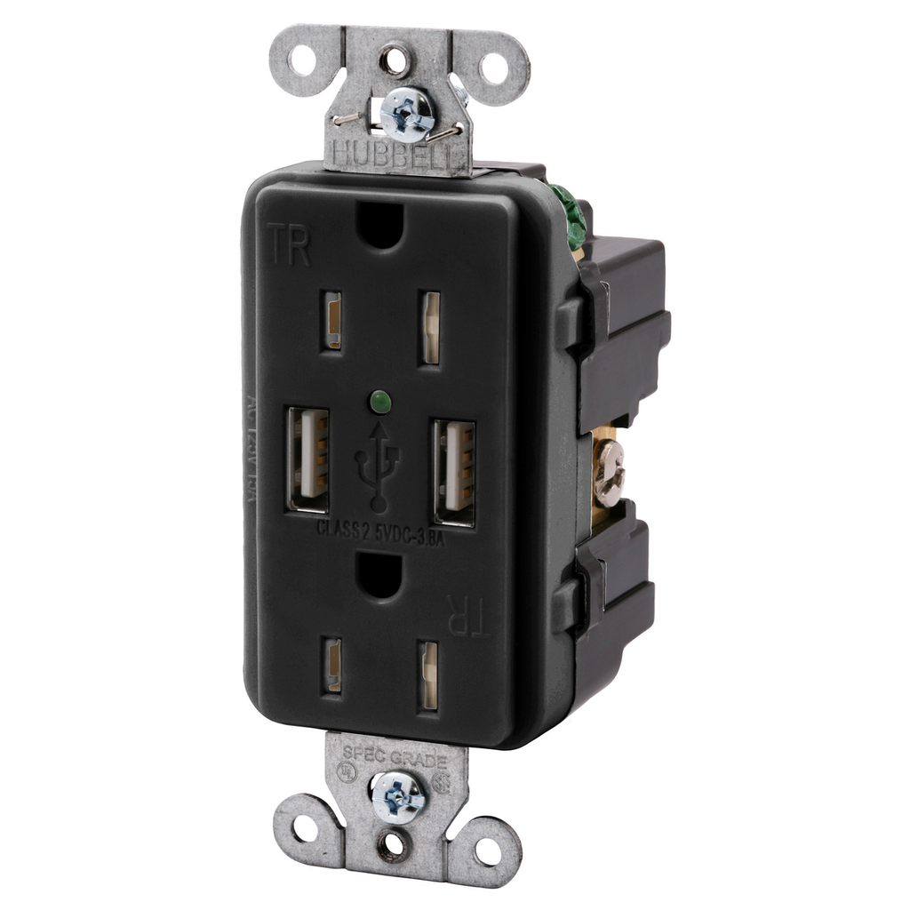 Product image for Hubbell USB15X2-BK USB Charger / Tamper-Resistant Receptacle, Two USB Type 2.0 Ports 3 Amp, 5VDC, 15 Amp, 125VAC Decorator Duplex - Black