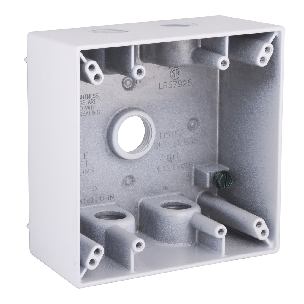 2-Gang Weatherproof Box, Five 1/2 in. Threaded Outlets, White