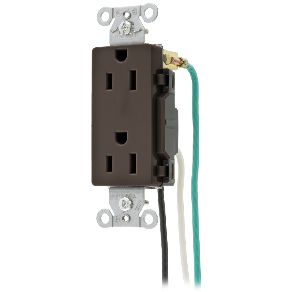 Straight Blade Devices, Receptacles, Duplex, Decorator/Commercial/Industrial Grade, 2-Pole 3-Wire Grounding, 15A 125V, 5-15R, Brown, Pre-Wired 6" #12 Stranded Leads, Single Pack