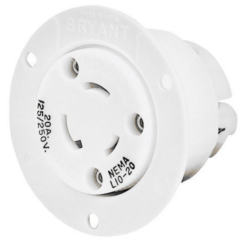 Locking Devices, Industrial, Flanged Receptacle, 20A 3-Phase Delta 250V AC, 3-Pole 3-Wire Non-Grounding, L11-20R, Screw Terminal, White