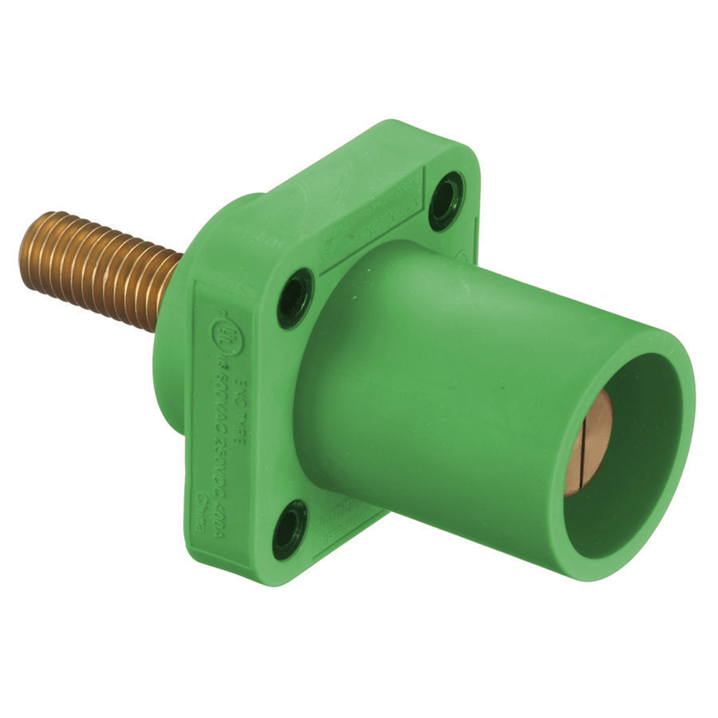 Heavy Duty Products, Single Pole Devices, Industrial Grade, Male Receptacle, 300/400A 250V DC/600V AC, Single Conductor, Threaded Mounting Holes, Stud Termination, Green