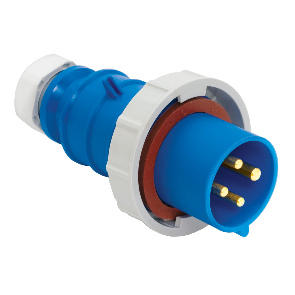 Heavy Duty Products, IEC Pin and Sleeve Devices, Industrial Grade, Male Plug, 20A 250V AC, 2-Pole 3-Wire Grounding, Terminal Screw, Blue, Watertight