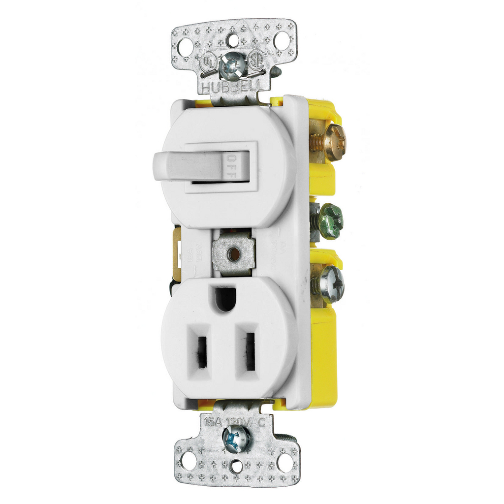 Switches and Lighting Controls, Combination Devices, Residential Grade, 1) Single Pole Toggle, 1) Single Tamper Resistant Receptacle, 15A 120V AC, Self Grounding, Side Wired