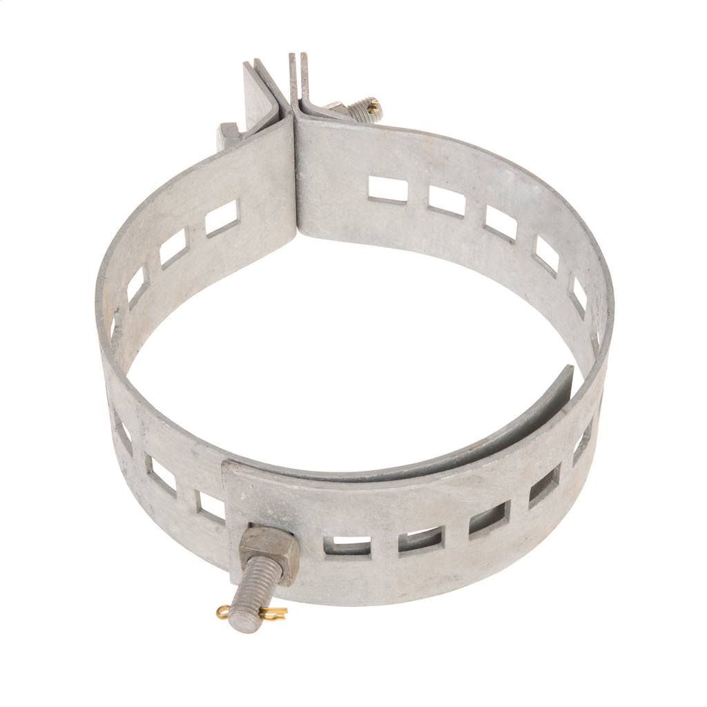 Adjustable Pole Band that fits 8" to 14" poles are 3 /16" x 4" flat steel bands, shipped assembled with one 3/4" x 4" curved bolt and one 3/4" x 2 1/2" cone head bolt. Hot dip galvanized.