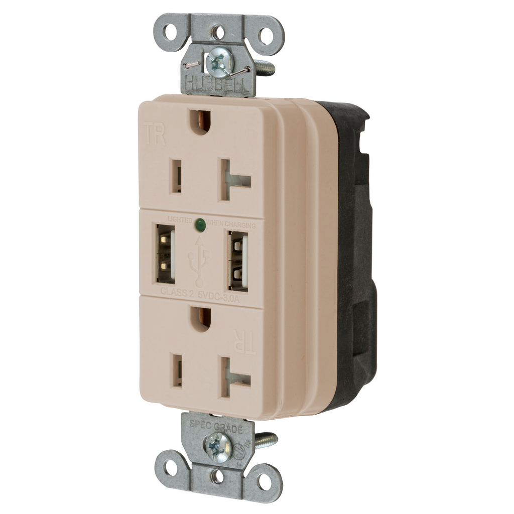 Straight Blade Devices, Receptacles, Decorator, Duplex, Commercial/Industrial Grade,SNAPConnect,Two USB type 2.0 ports 3 Amp 5 V DC, 20A 125V AC,2-Pole 3-Wire Grounding,5-20R,Light Almond