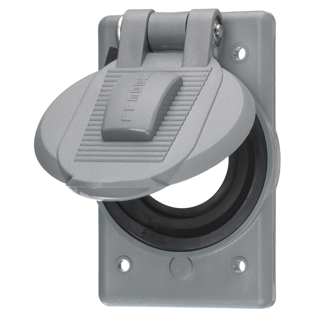 Wallplates and Boxes, Weatherproof Covers, 1-Gang, 1) 2.15" Opening, Standard Size, Gray Polycarbonate, Device Mount