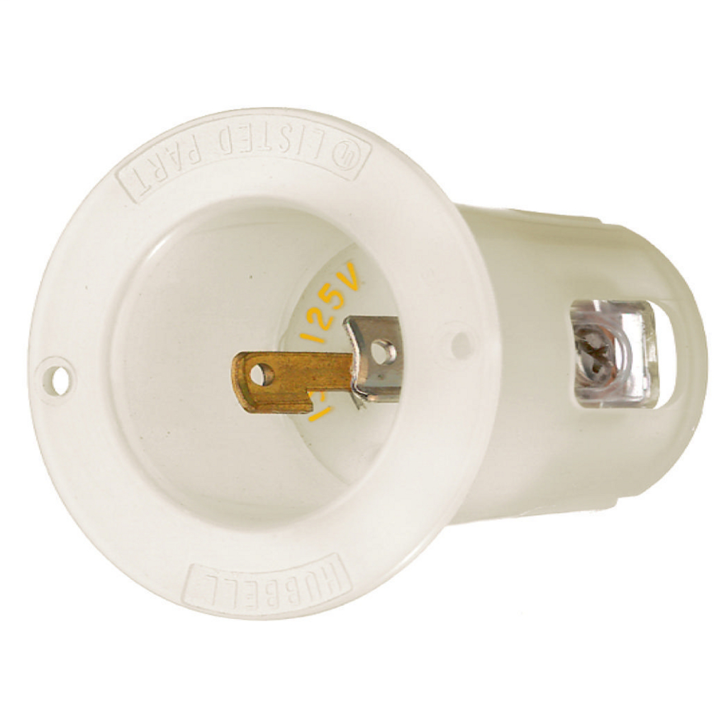 Locking Devices, Industrial, Flanged Inlet, 15A 125V, 2-Pole 2-Wire Non-Grounding, L1-15P, Screw Terminal, White