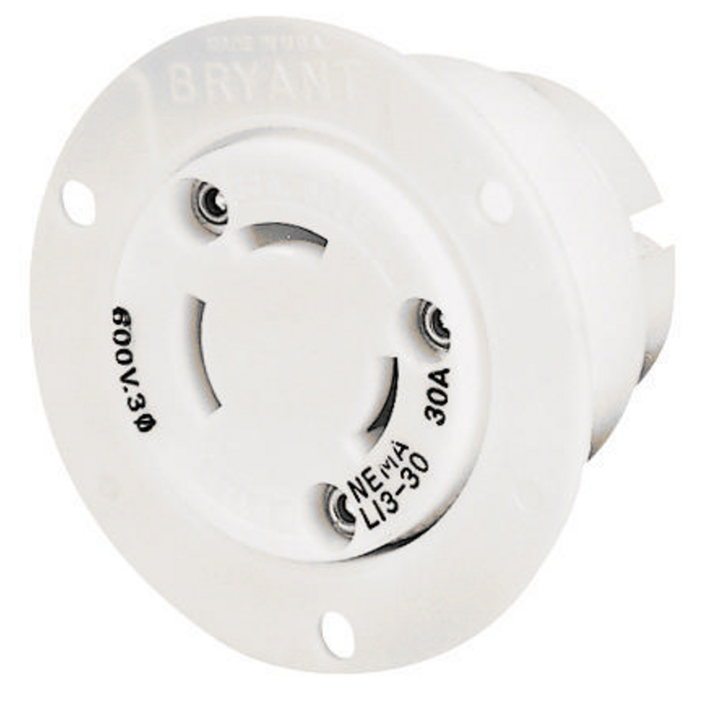 Locking Devices, Industrial, Flanged Receptacle, 30A 3-Phase Delta 600V AC, 3-Pole 3-Wire Non-Grounding, L13-30R, Screw Terminal, White