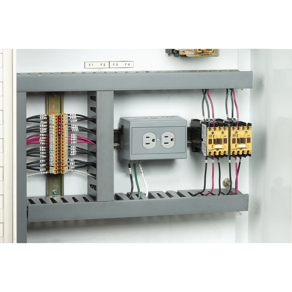 DIN Rail Utility Box, Complete Unit- Duplex Receptacle, Horizontal, 1) 15A 125V, 2-Pole 3-Wire Grounding, 5- 15R, Gray