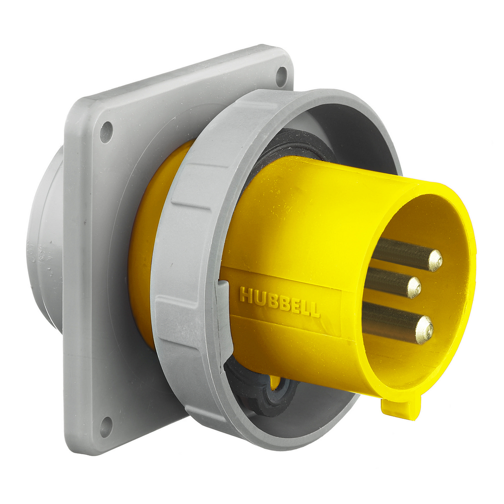 Heavy Duty Products, IEC Pin and Sleeve Devices, Industrial Grade, Male, Flanged Inlet, 60A 125V AC, 2-Pole 3- Wire Grounding, Terminal Screws, Yellow, Watertight