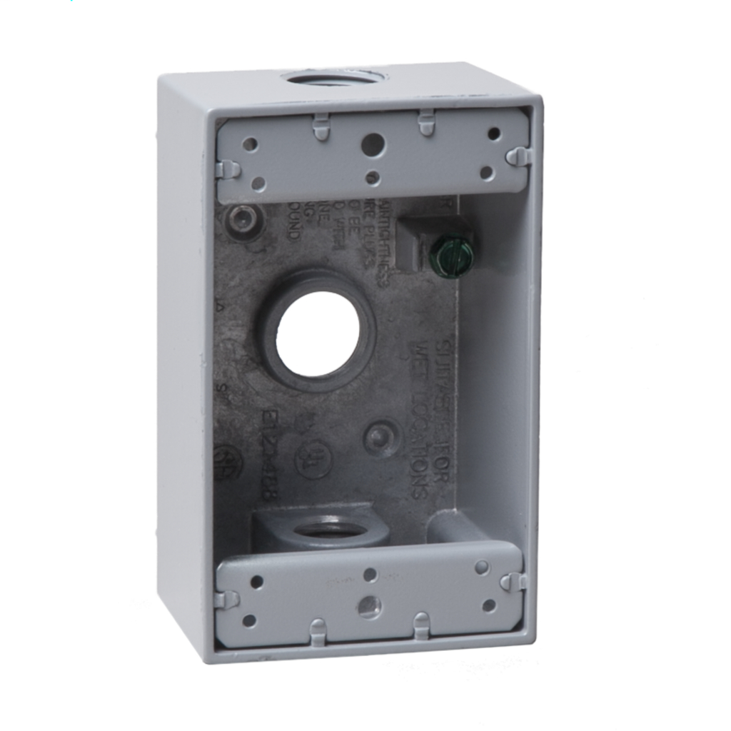 1-Gang Weatherproof Box, Three 1/2 in. Threaded Outlets, Gray