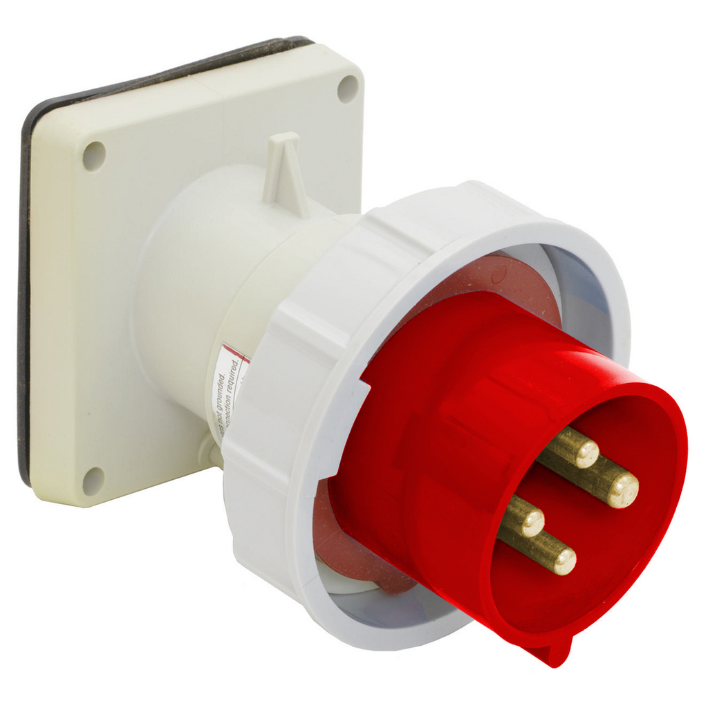Heavy Duty Products, IEC Pin and Sleeve Devices, Industrial Grade, Male Flanged Inlet, 30A 480V AC, 2-Pole 3-Wire Grounding, Terminal Screw, Red, Watertight