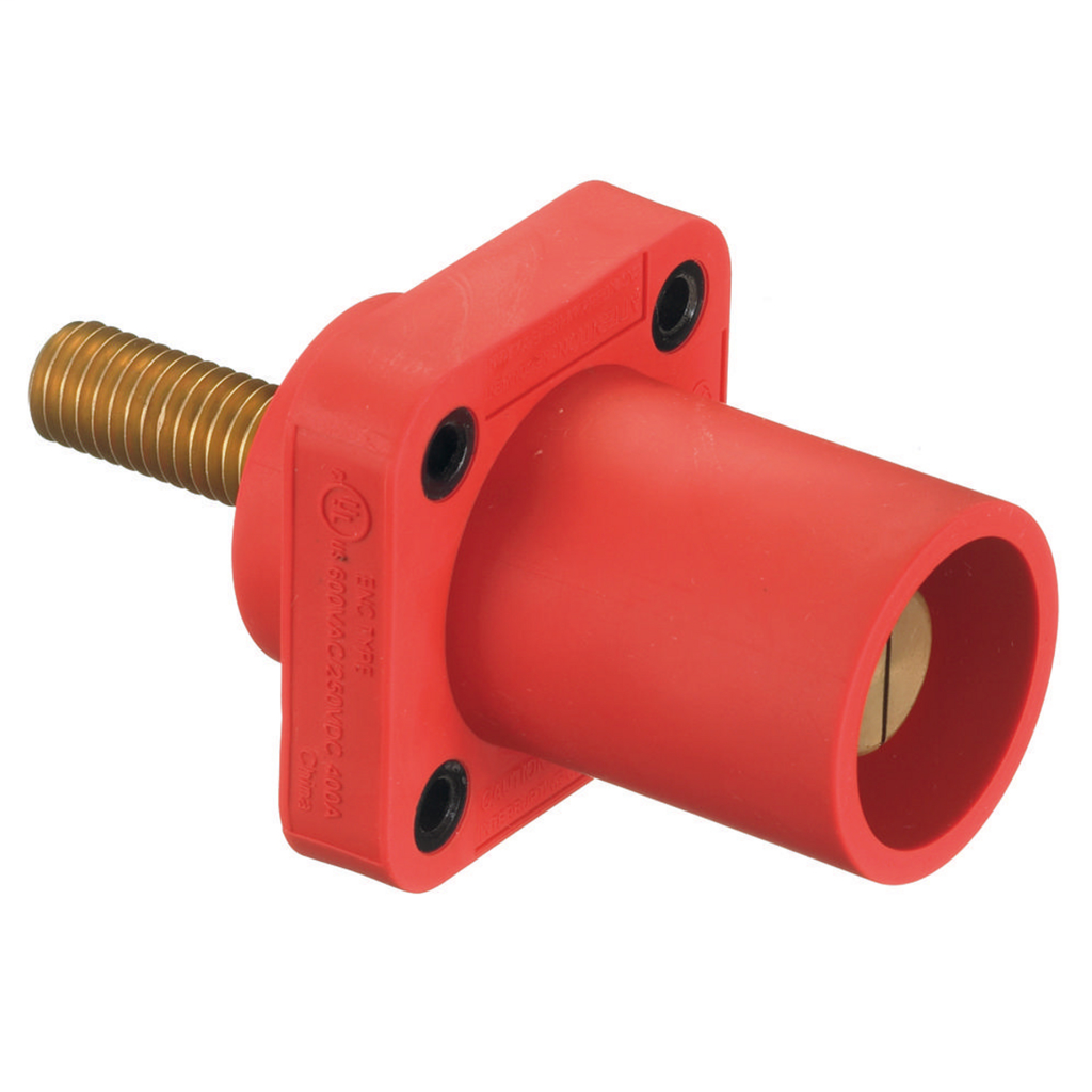Heavy Duty Products, Single Pole Devices, Industrial Grade, Male Receptacle, 300/400A 250V DC/600V AC, Single Conductor, Threaded Mounting Holes, Stud Termination, Red