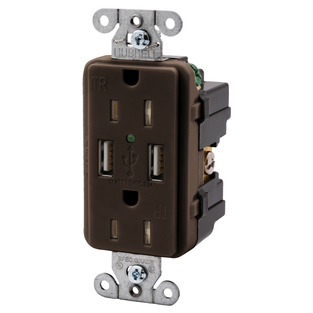 Product image for Hubbell USB15X2 USB Charger / Tamper-Resistant Receptacle, Two USB Type 2.0 Ports 3 Amp, 5VDC, 15 Amp, 125VAC Decorator Duplex - Brown