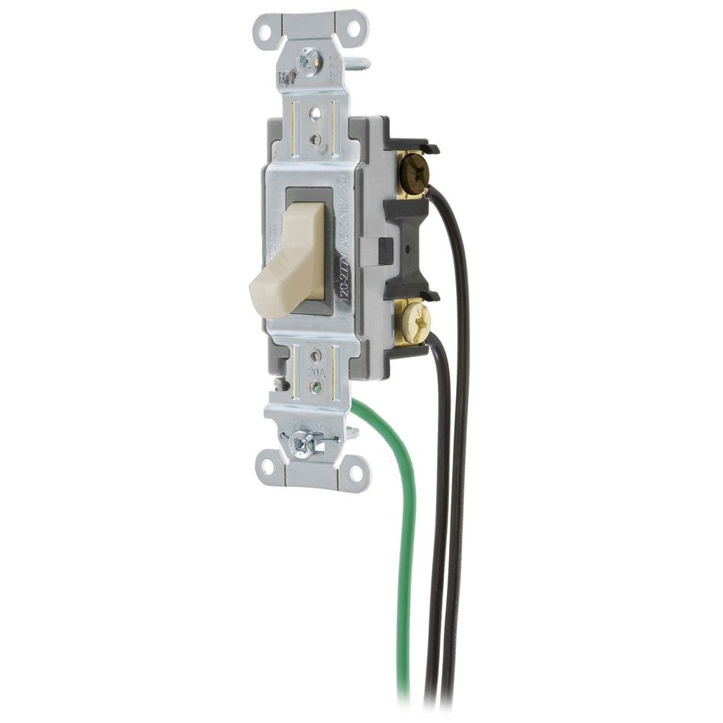 Switches and Lighting Controls, Toggle Switches, General Purpose AC, Three Way, 20A 120/277V AC, Back and Side Wired, Pre-Wired with 8" #12 THHN, Light Almond
