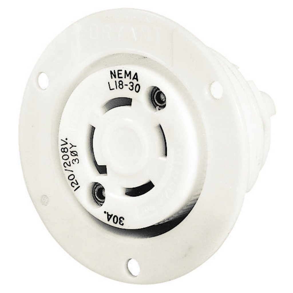 Locking Devices, Industrial, Flanged Receptacle, 30A 3-Phase Wye 120/208V AC, 4-Pole 4-Wire Non-Grounding, L18-30R, Screw Terminal, White
