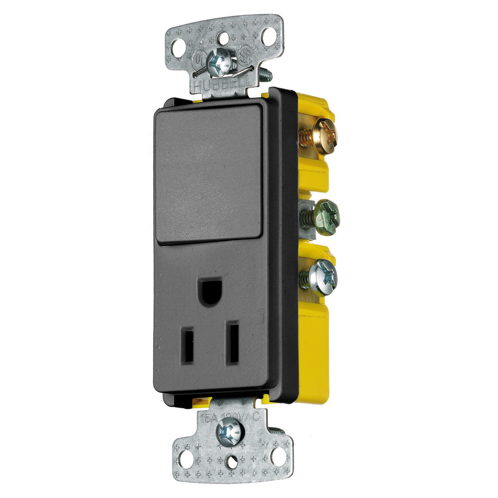 Switches and Lighting Controls, Combination Devices, Residential Grade, Decorator Series, 1) Three Way Rocker, 1) Single Receptacle, 15A 120V AC, Side Wired, Black