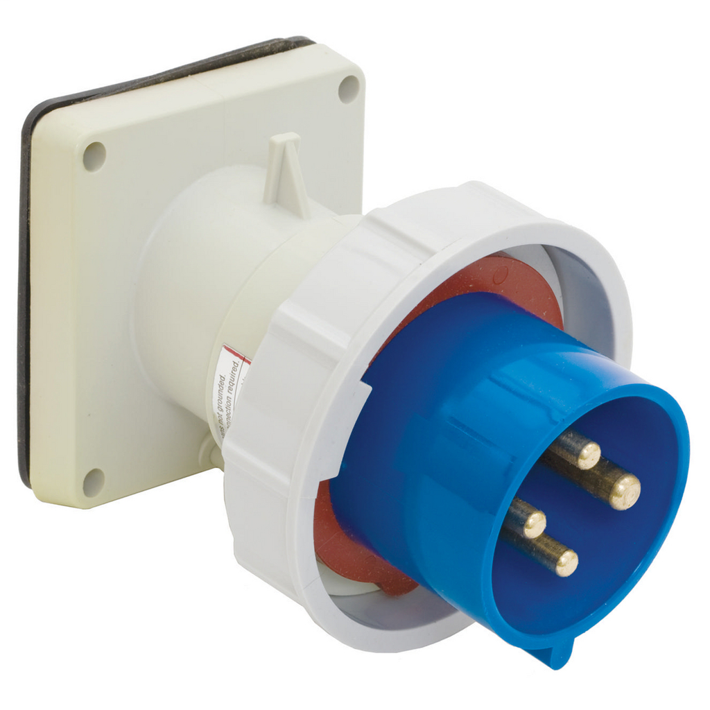 Heavy Duty Products, IEC Pin and Sleeve Devices, Industrial Grade, Male Flanged Inlet, 100A 3-Phase Wye 120/208V AC, 4- Pole 5-Wire Grounding, Screw Terminals, Blue, Watertight