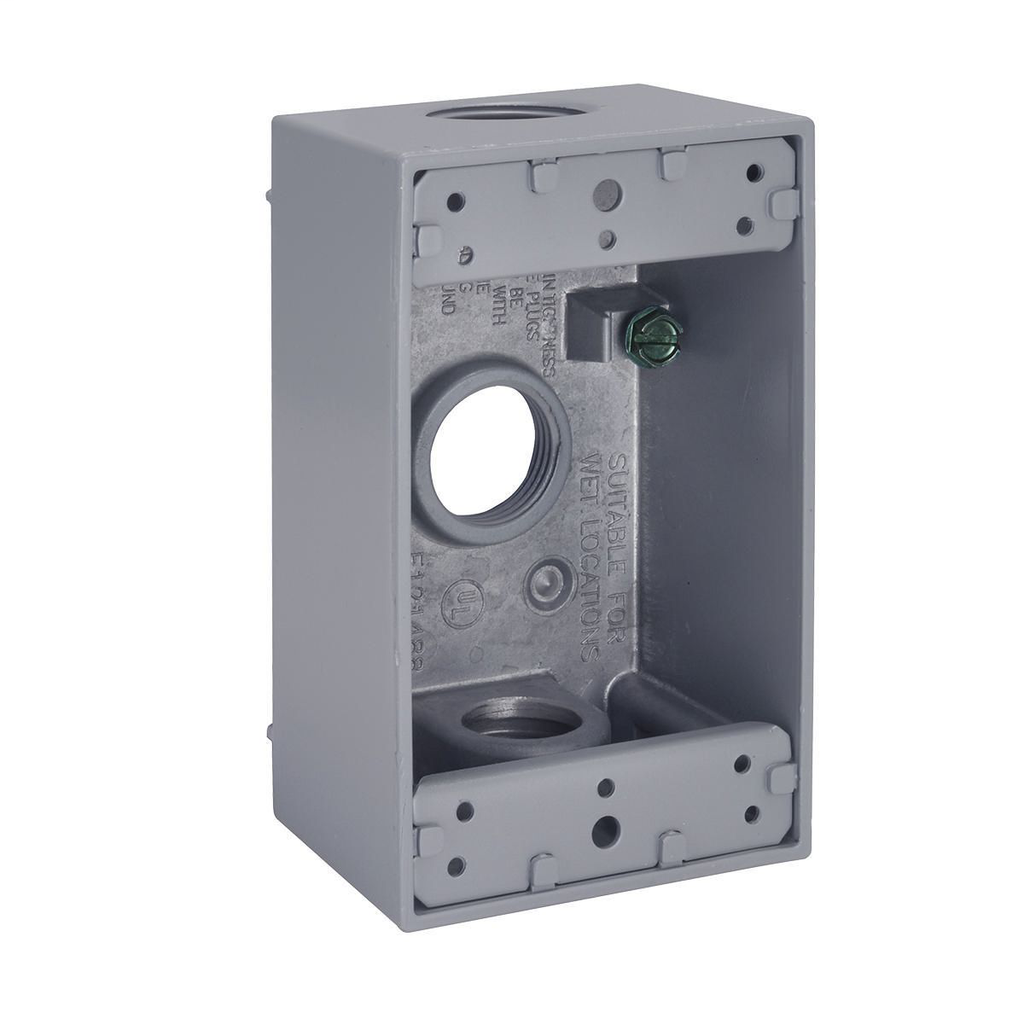 1-Gang Weatherproof Box, Three 3/4 in. Threaded Outlets, Gray, Carded