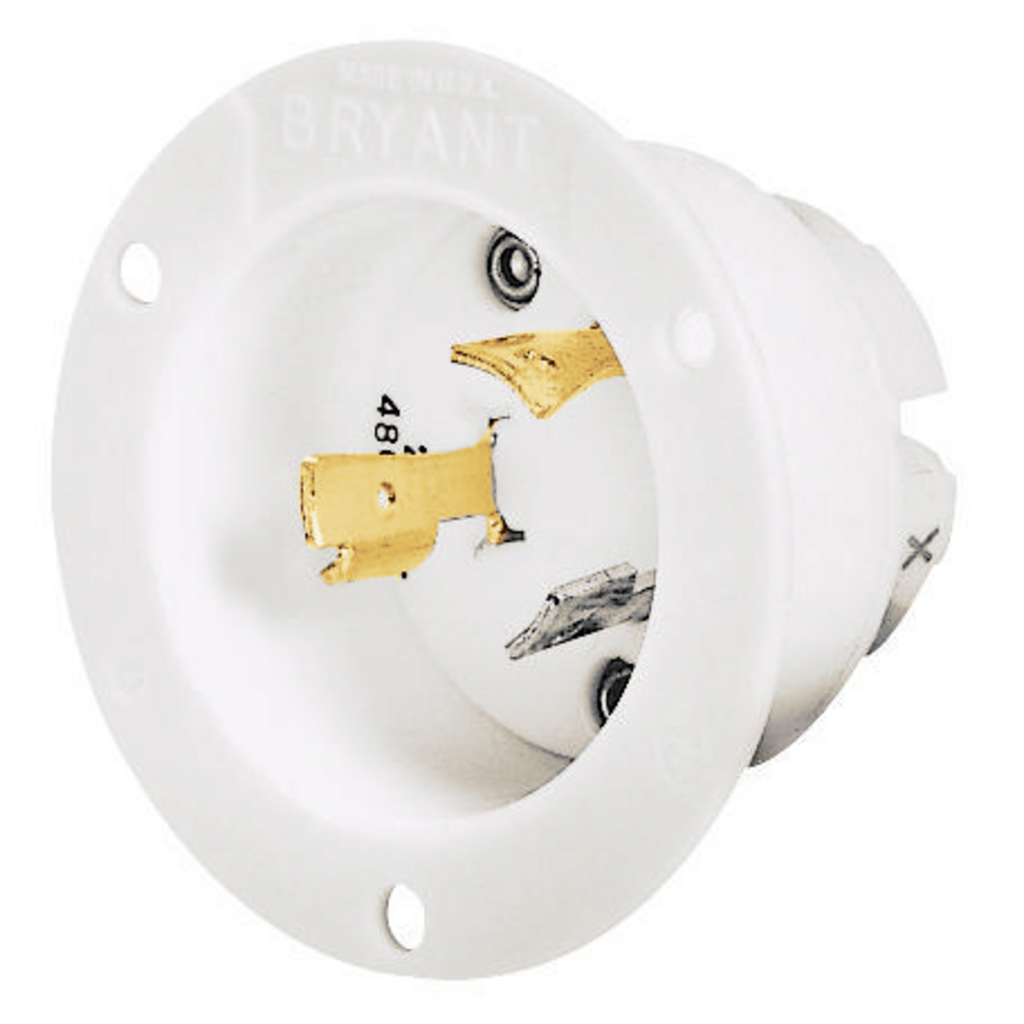 Locking Devices, Industrial, Flanged Inlet, 20A 480V AC, 2-Pole 3-Wire Grounding, L8-20P, Screw Terminal, White