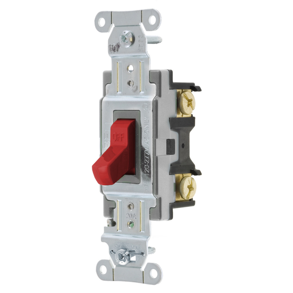 Switches and Lighting Controls, Toggle Switch, Commercial Grade, Double Pole, 20A 120/277V AC, Back and Side Wired, Red